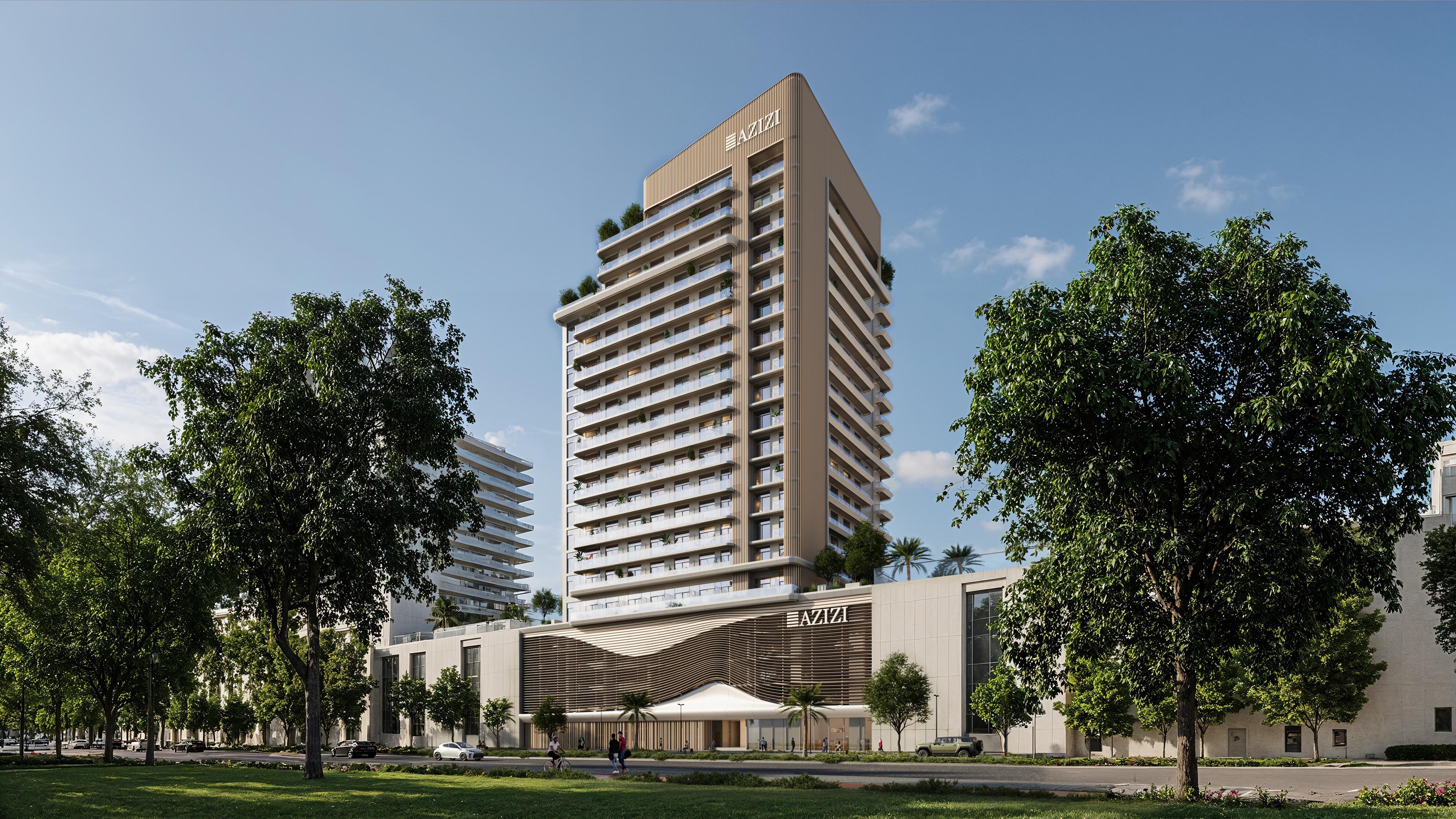 Azizi David tower from the park with retail podium