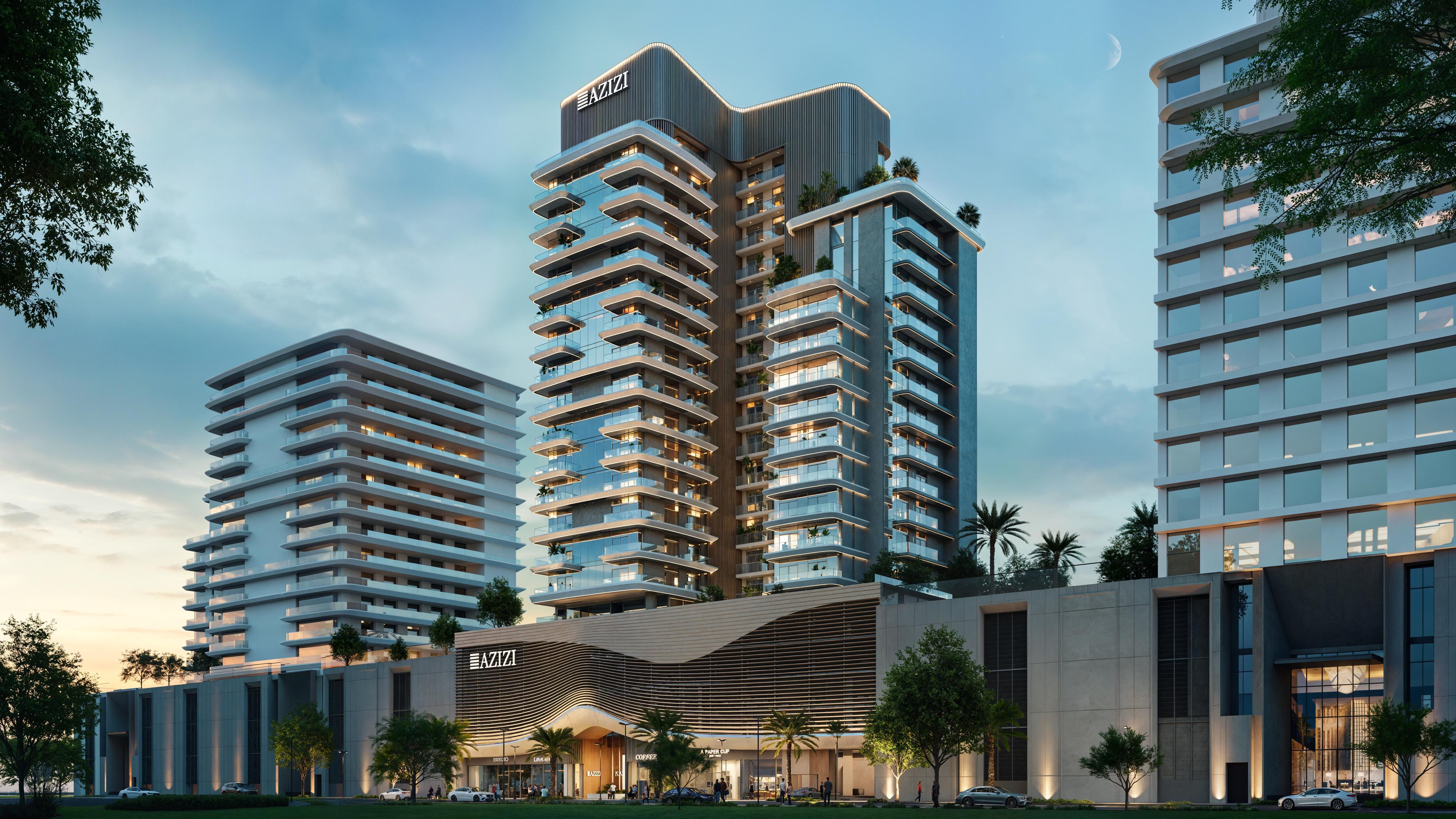 Azizi David towers and retail podium at dusk