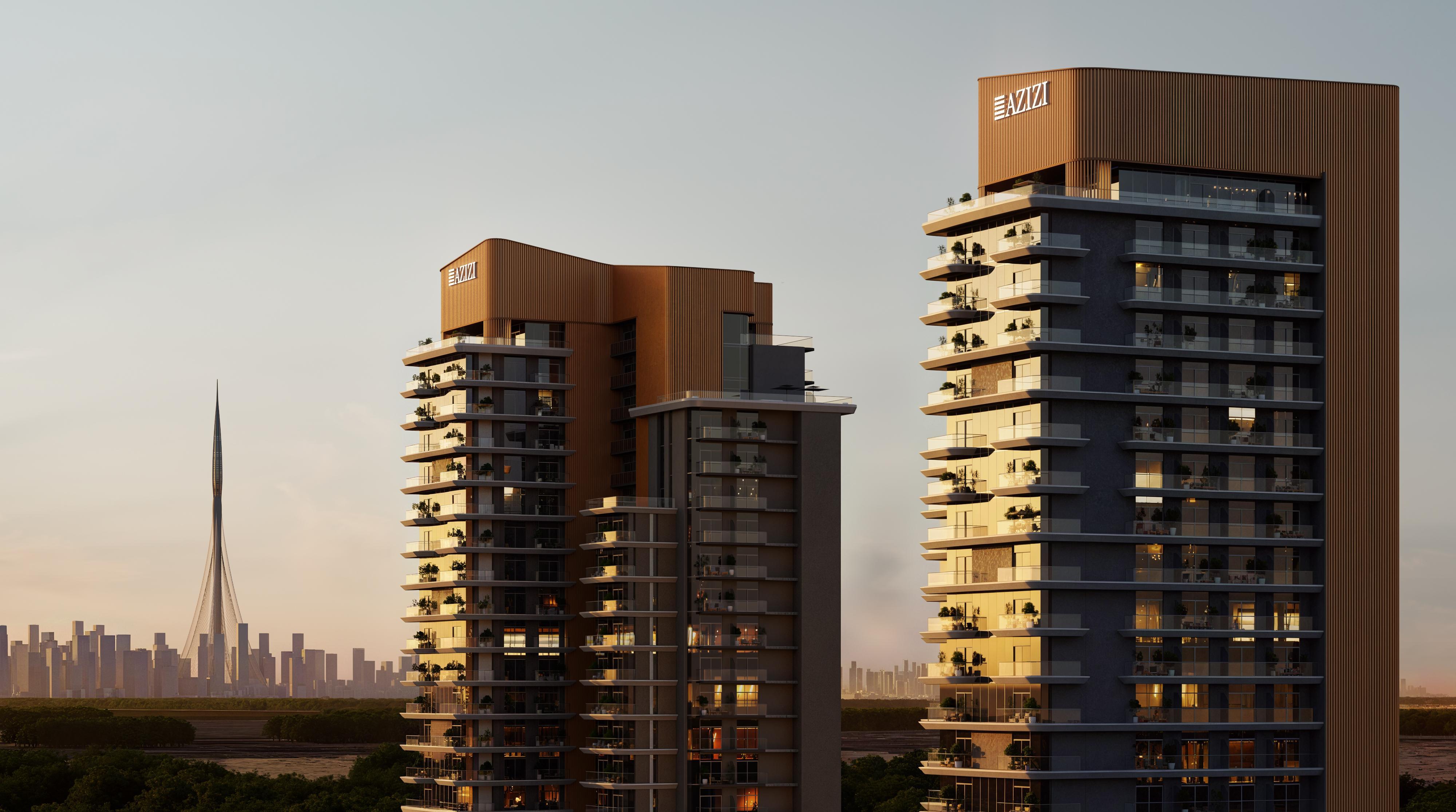 Azizi David towers at golden hour with Dubai Creek Tower